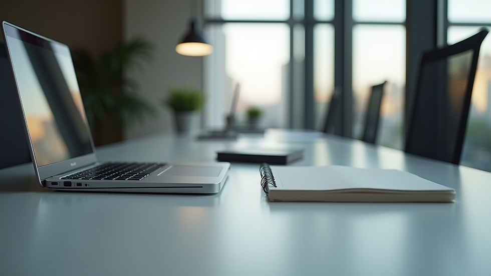 Eye-level view of a modern office desk with a laptop and notebook