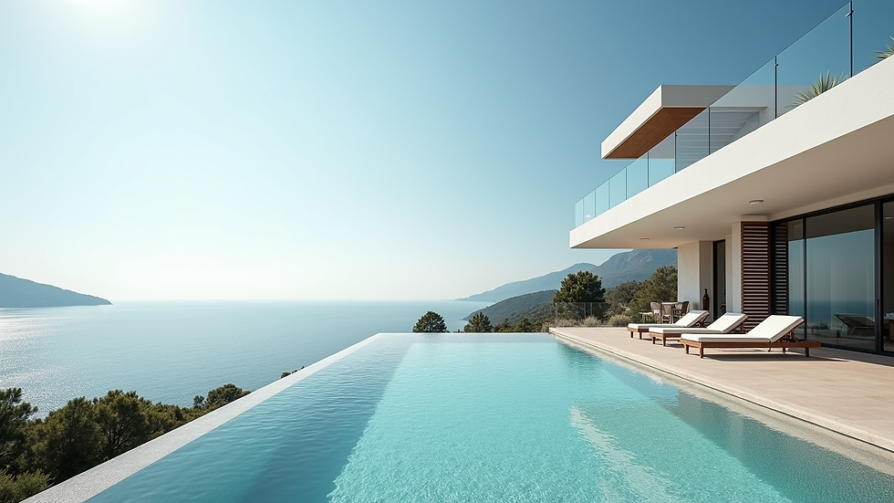 Wide angle view of a luxury villa with Mediterranean sea in the background