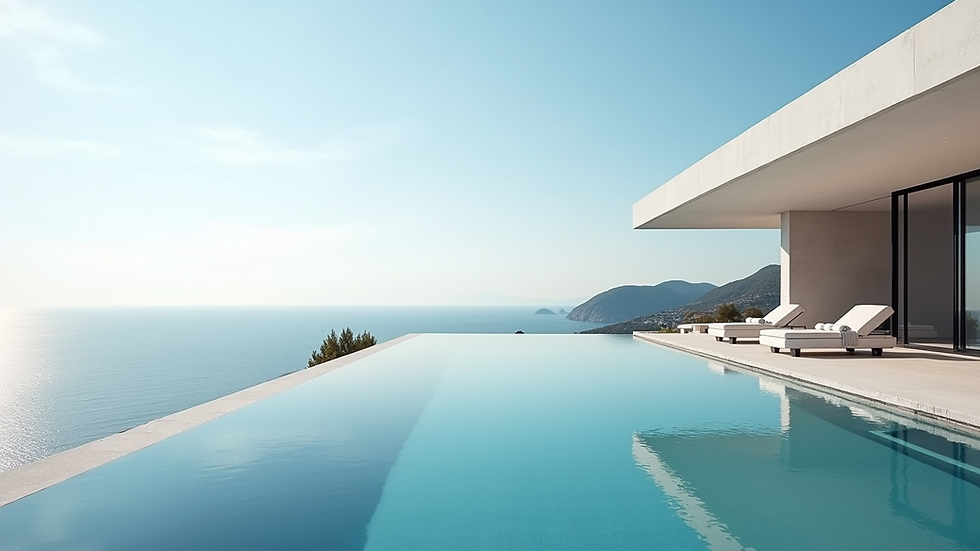 Nahaufnahme einer modernen Villa mit Infinity-Pool und Blick auf das Mittelmeer