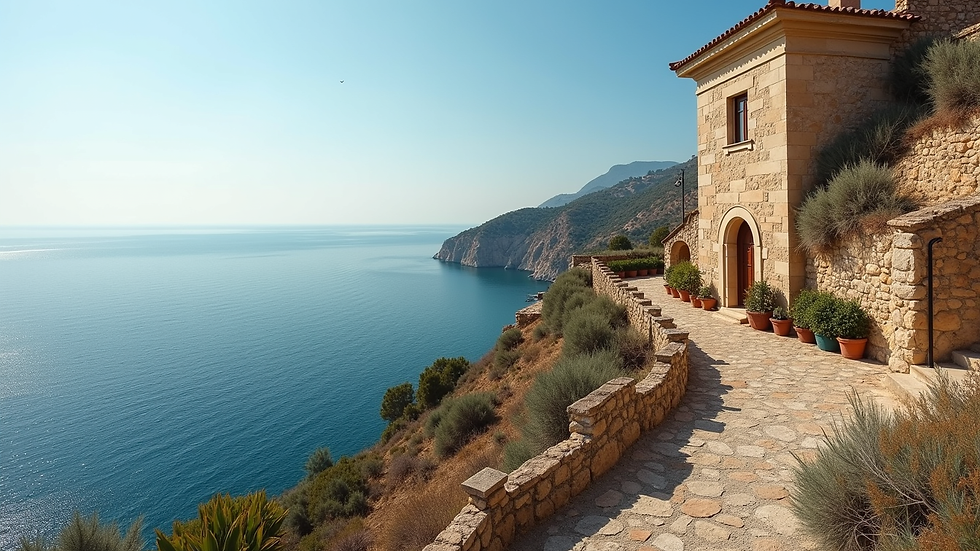 Augenhöheaufnahme eines historischen Landhauses mit Blick auf das Meer in Apulien
