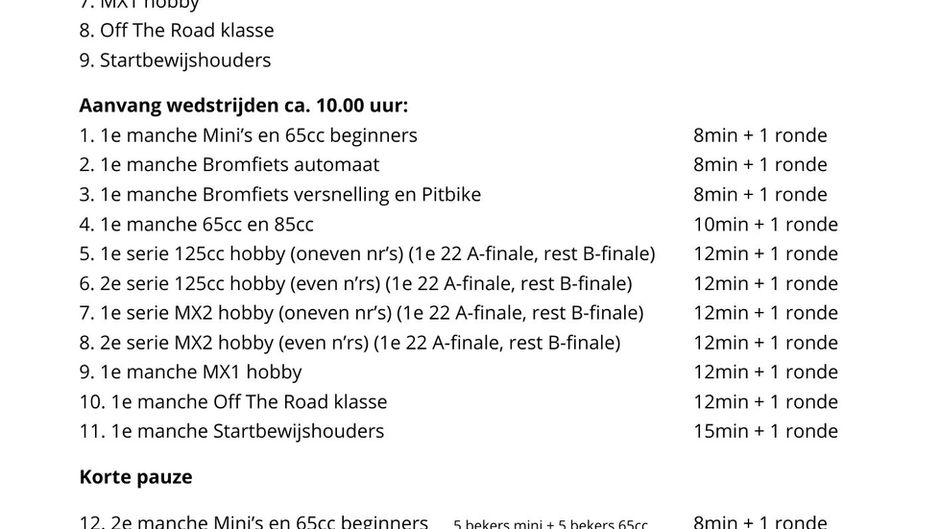 Programma maisplakcross 23 november 2025