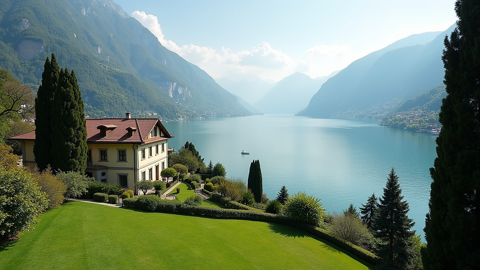 Wide angle view of a stunning villa overlooking Lake Como