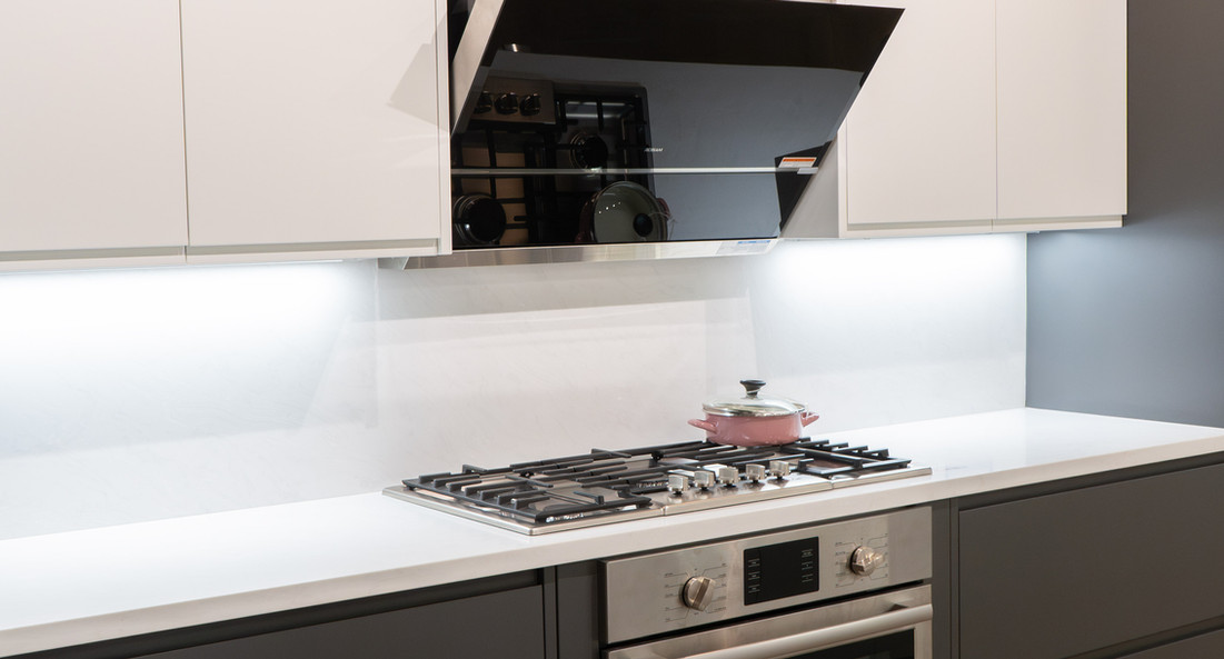 European Kitchen Cabinet, Genesis Collection, Nebula White - Waterfall, Flat Panel Door, Ivory White
& Dynasty Castle, Flat Panel Door, Dark Gray