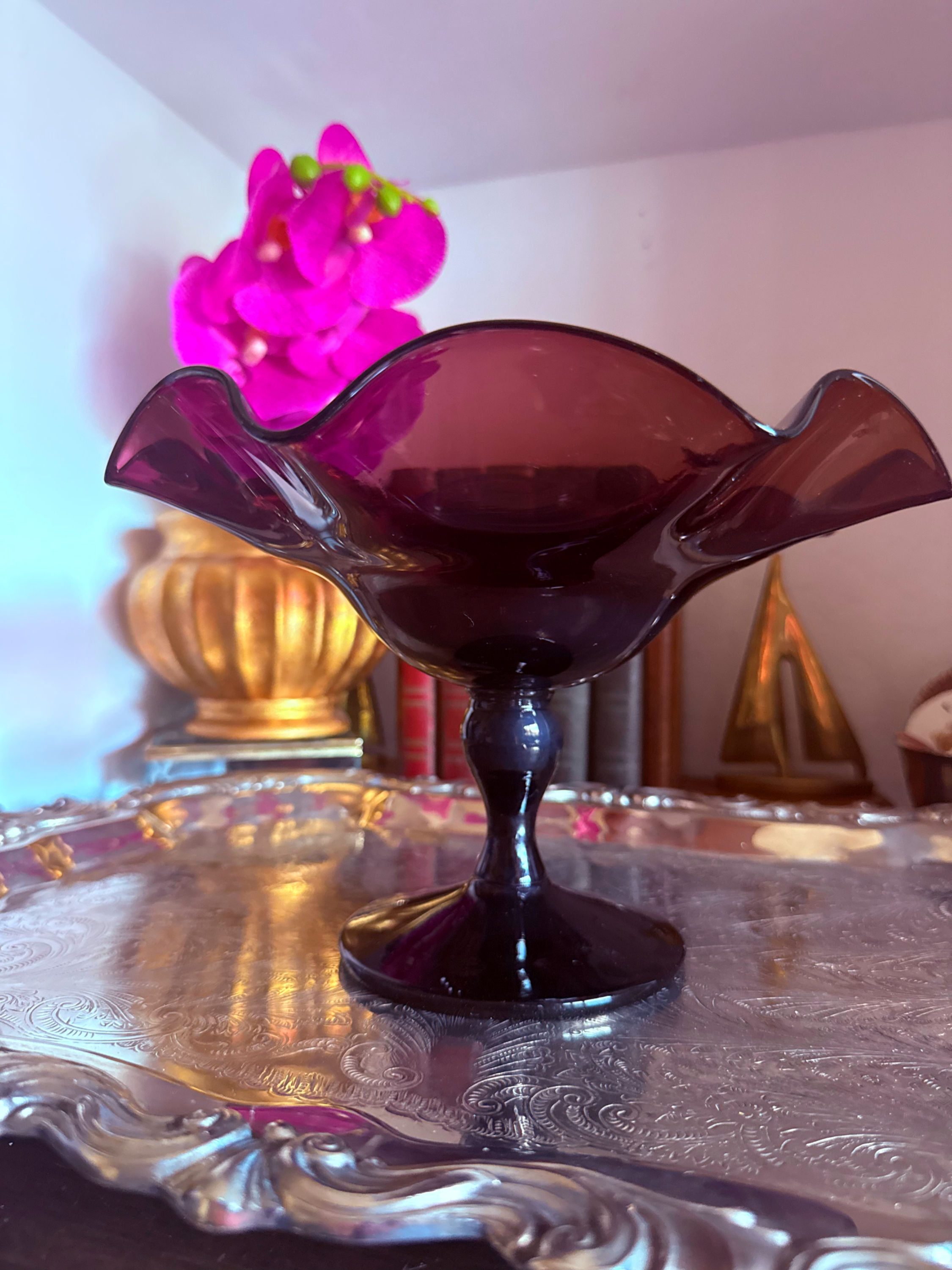 Amethyst Ruffled Pedestal Glass Bowl | Purple Candy Dish Compote