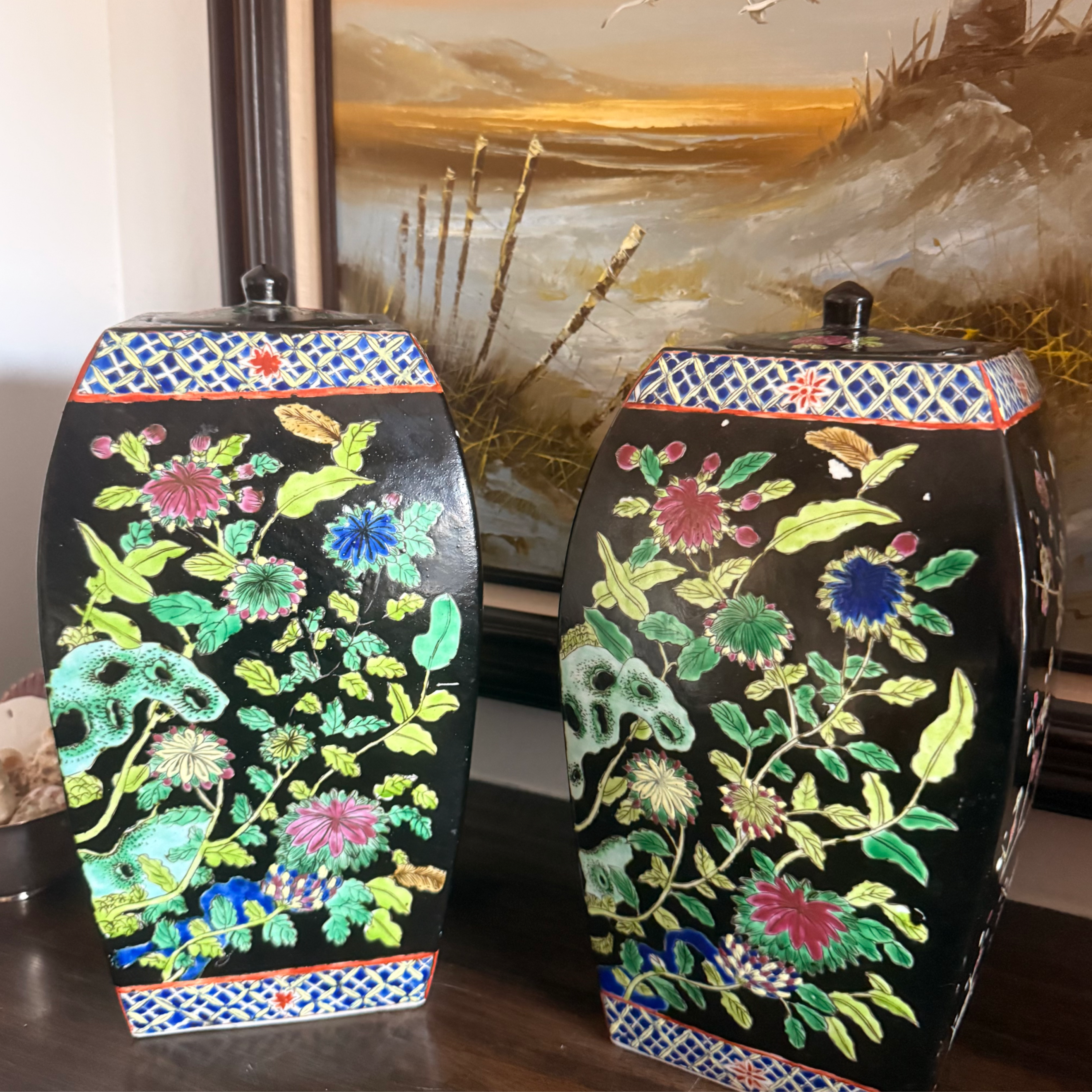 Pair of Vintage Chinese Famille Noire Style Covered Jars