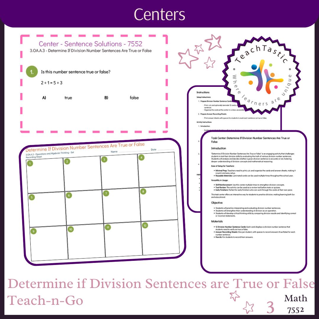 Center: Determine If Division Number Sentences Are True or False - 7552