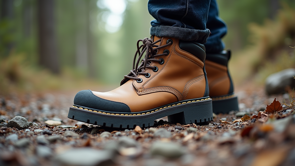 Eye-level view of a stylish hiking boot on a rocky trail