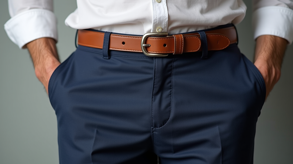 Close-up view of navy linen shorts paired with a white shirt and brown leather belt