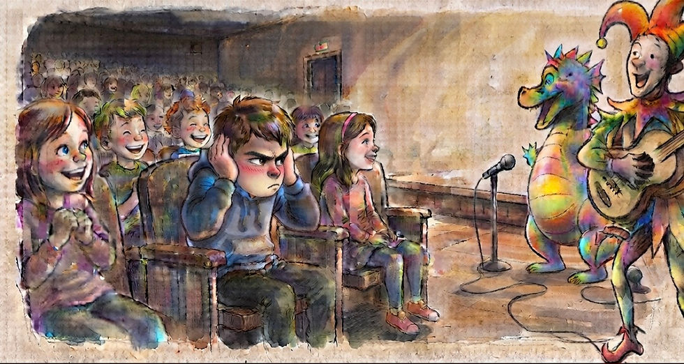איור של ילד בהצגת ילדים סואנת, אוטם את אוזניו בשל רגישות יתר לרעש והצפה חושית. מייצג קושי בעיבוד חושי (SPD) אצל ילדים.
