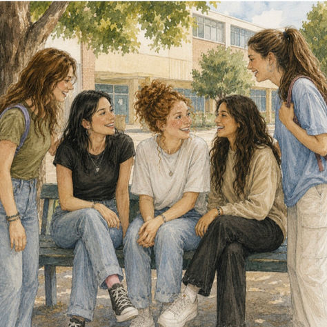 קבוצת מתבגרות יושבות ומשוחחות יחד בחברות ובקרבה, הממחישה את החשיבות של תחושת שייכות וקשרים חברתיים בקרב בני נוער.