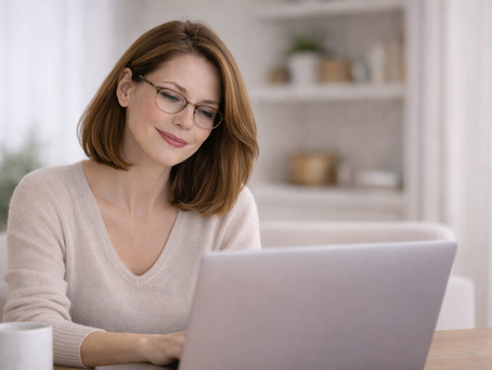 40 feletti nő laptop előtt, az online világ új nyelvét tanulja, megkönnyebbüléssel