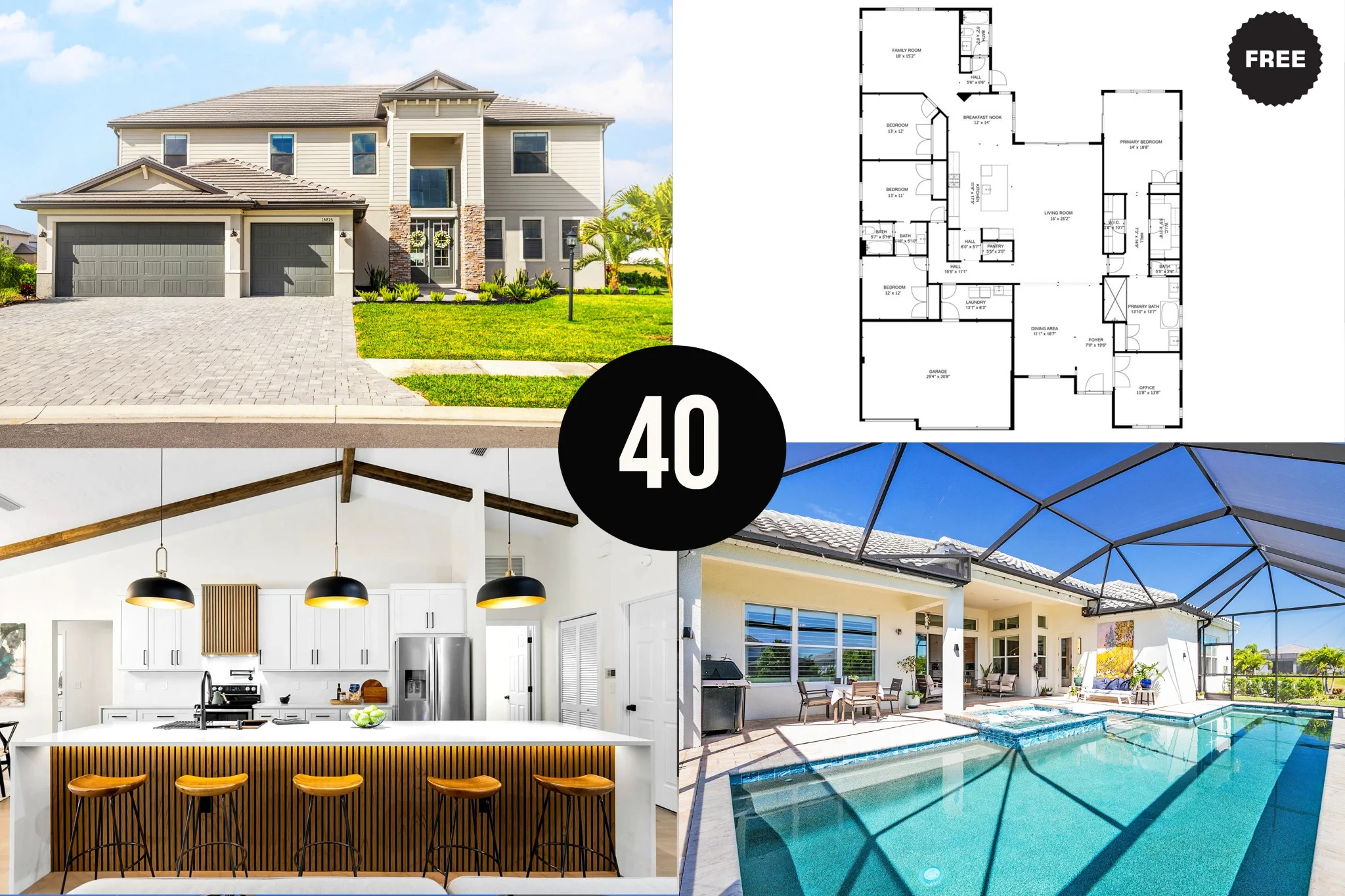 Smart Album 40 Sarasota real estate photography featuring premium exterior, pool area, luxury kitchen, and free detailed floorplan for high-end listings.