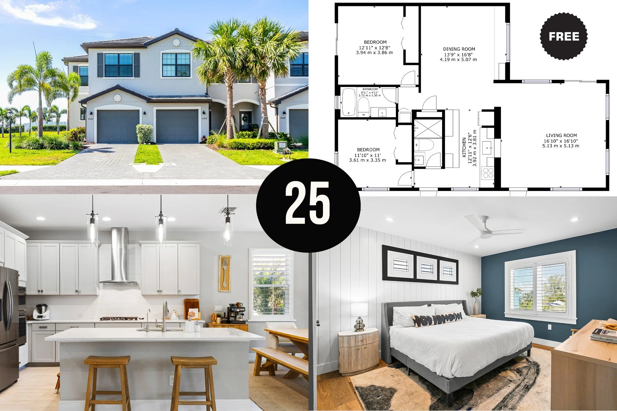 Smart Album 25 real estate photography Sarasota showcasing front exterior, kitchen, bedroom, and free detailed floorplan for effective home marketing.
