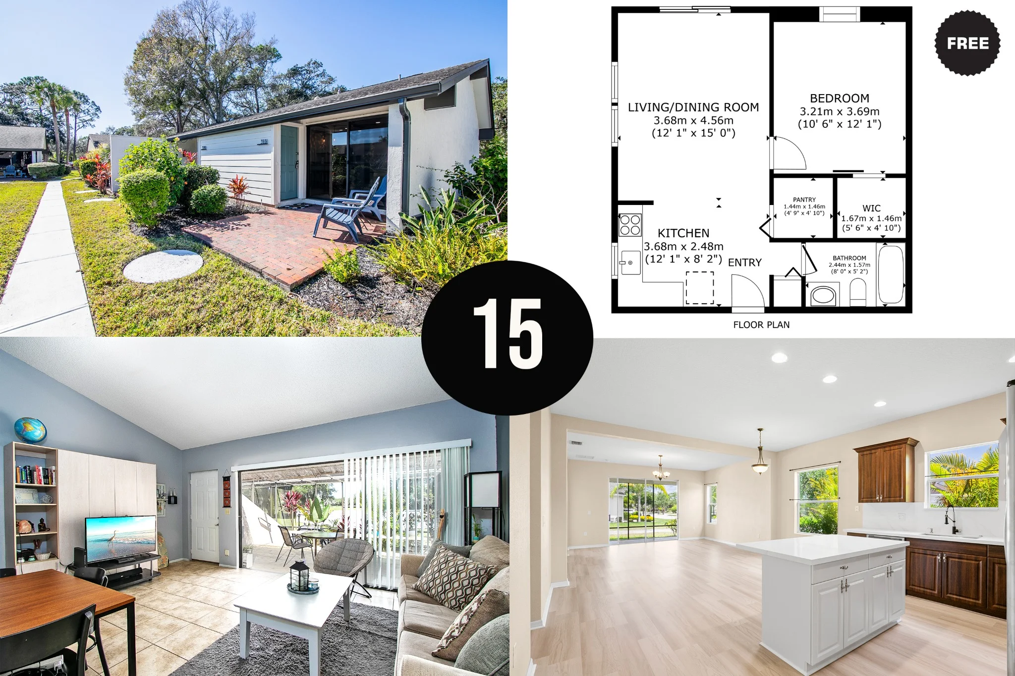 Smart Album 15 real estate photography Sarasota with exterior, interior, kitchen, and free floorplan, ideal for condos and small homes.