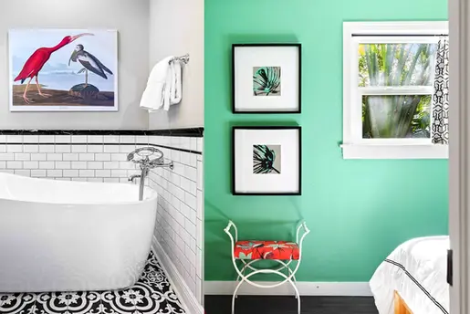Split image of a stylish bathroom with a vintage tub and a tropical bedroom with teal walls and botanical art