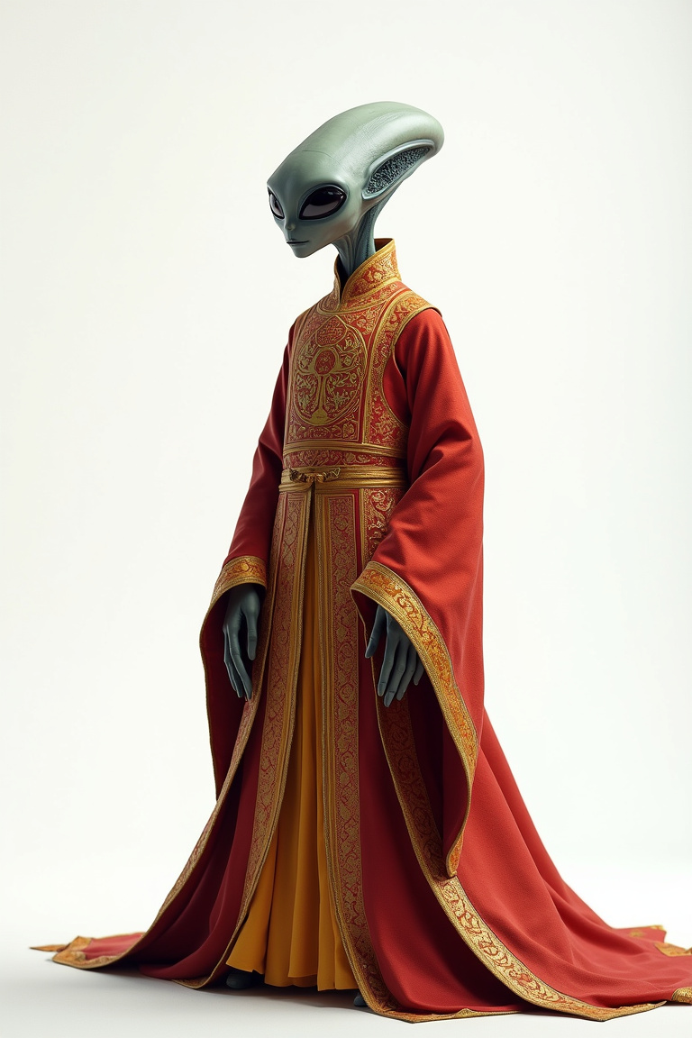 Full-body portrait of a Grey Alien with large head and slender body wearing form-fitting ancient Chinese royal attire