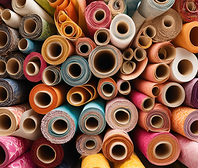 The image showcases an assortment of decorative and textured paper rolls in various vibrant colors and intricate patterns. These papers appear to be sourced from around the world, featuring diverse designs such as floral, geometric, and abstract motifs, ideal for creative projects like mixed-media art, crafts, or custom design work.