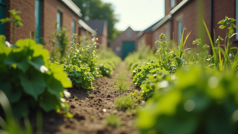 Eye-level view of a community garden flourishing with diverse plants