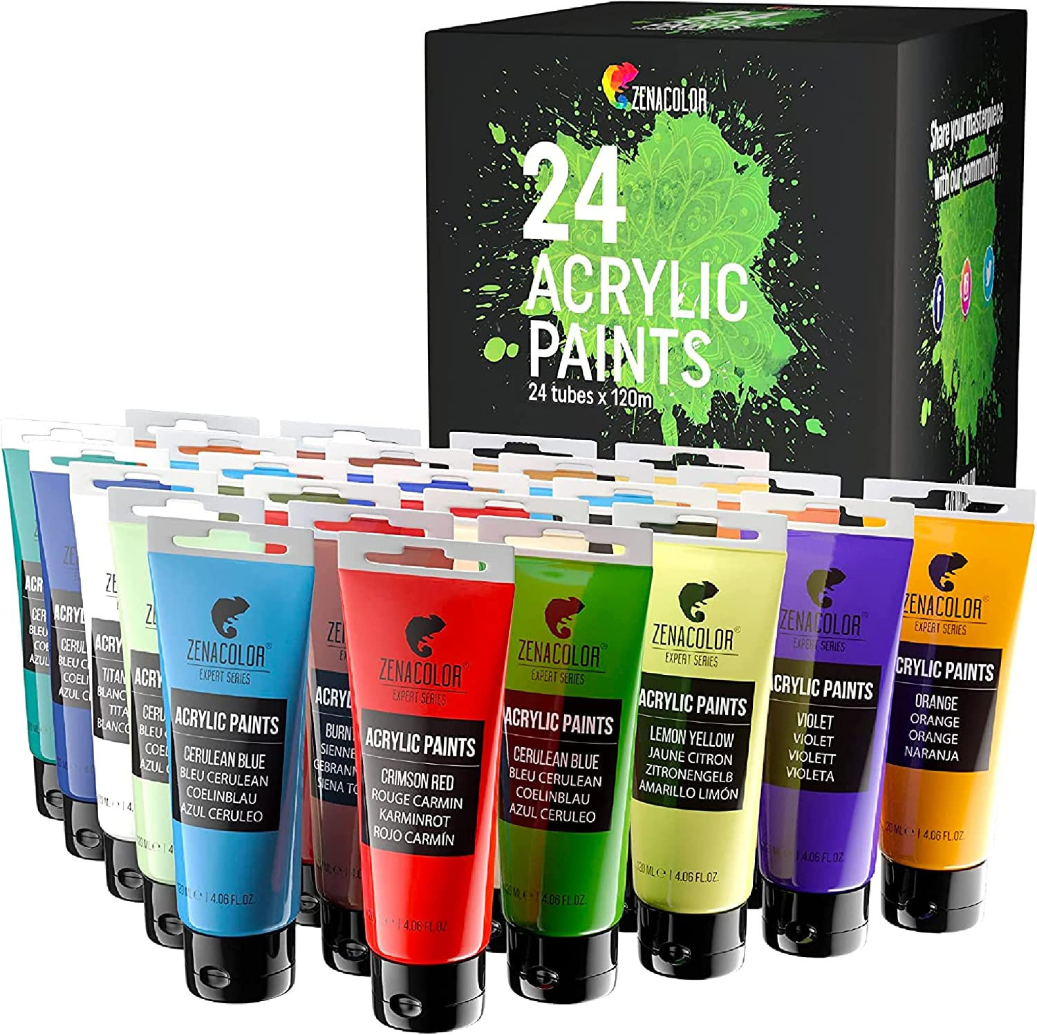 Zenacolor Kit de 24 Tubes de Peintures Acryliques 120mL, 24 Couleurs