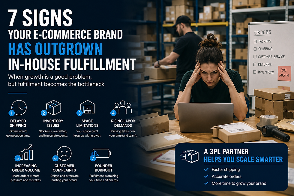 Professional e-commerce fulfillment warehouse with shipping boxes, inventory shelves, and a 3PL evaluation checklist illustrating how to choose the right third-party logistics partner for fast shipping, order accuracy, and scalable growth.