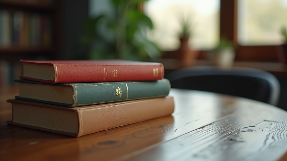 Eye-level view of a stack of hardcover books with a vintage design on a wooden table