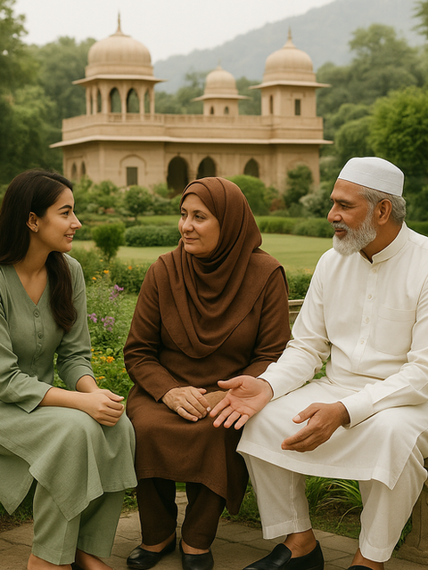 Young woman in heartfelt conversation with her parents in a traditional garden, symbolizing family values, legacy mentorship, and sacred trust across generations.
