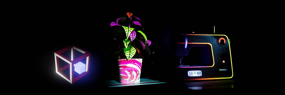 Colorful 3D video projection mapping transforms everyday objects, a geometric shape, a potted plant, and a sewing machine, into animated, magical displays.