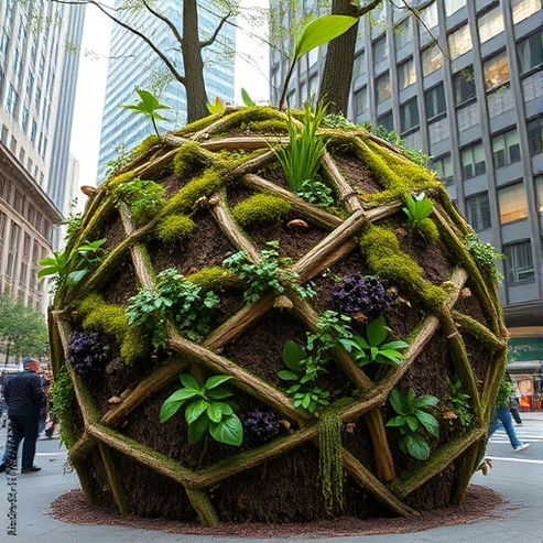 1. A large spherical sculpture made of earth and local plants, showcasing natural materials from nearby forests.  

2. A large ball-shaped sculpture crafted from earth and local plants, representing the beauty of nearby forests.  

3. A large, plant-based ball sculpture made from earth and local flora, highlighting the region's natural resources.  