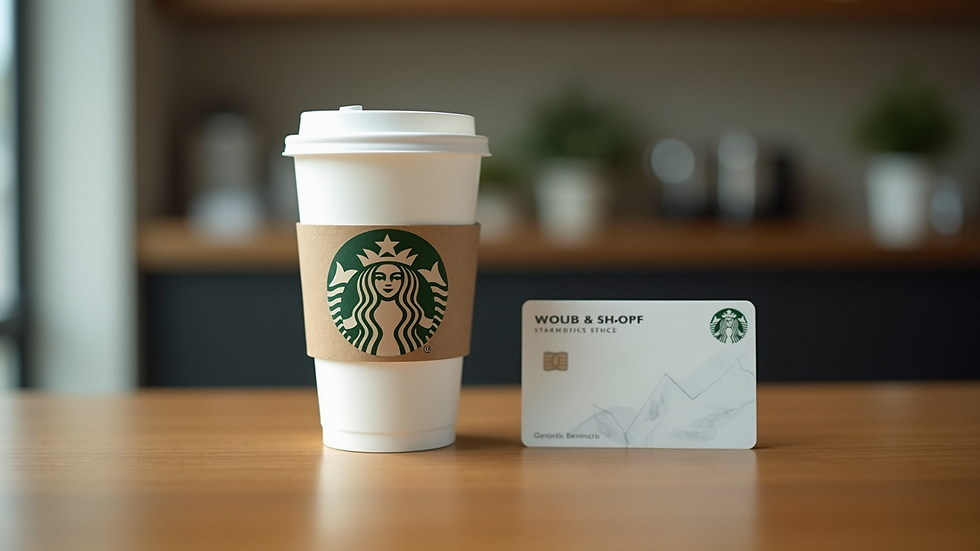 Close-up view of a Starbucks cup with a rewards card beside it