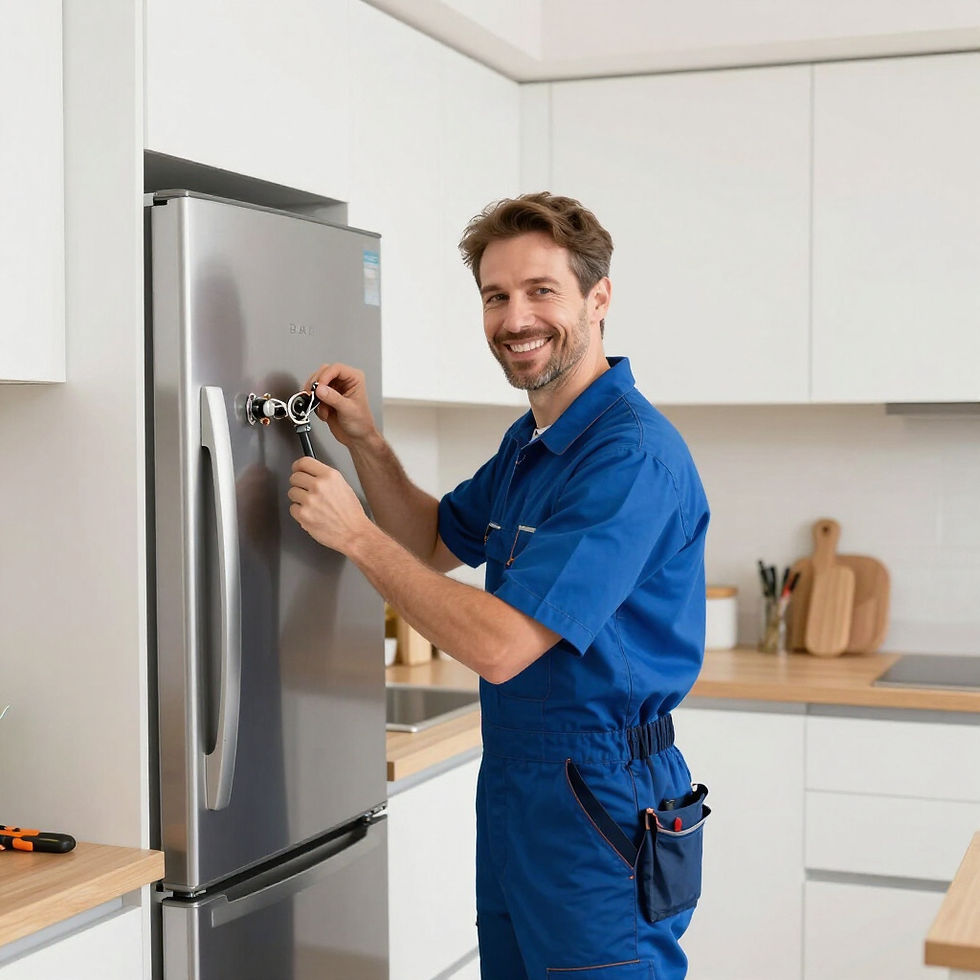 Smiling man performing appliance repair on a refrigerator