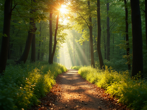 A winding forest path illuminated by sunlight, symbolizing a journey through change