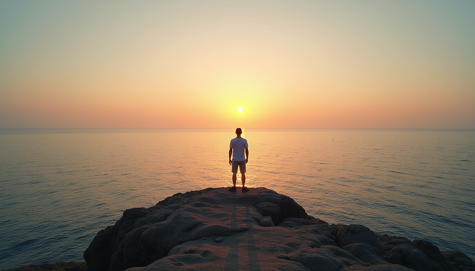 A person standing on a cliff at sunrise, symbolizing intentional life direction