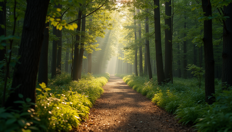 Eye-level view of a narrow path winding through a dense forest with sunlight filtering through the trees