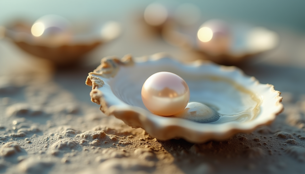 Pearl resting on oyster shells, symbolizing transformation and value