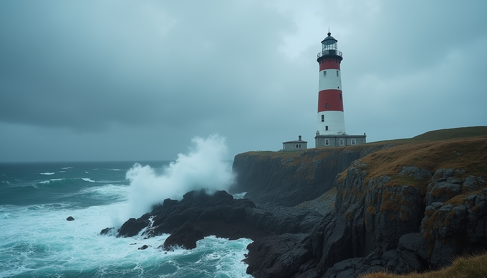 A lighthouse standing firm amid rough seas, symbolizing strength and stability