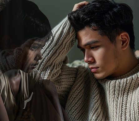 Vuxen adopterad man som reflekterar över sin barndom, representerar adoption, barndomstrauma och känslomässiga sår.