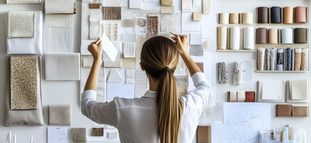 Woman in white shirt arranges fabric swatches on a wall. Textures and neutral colors dominate. Shelves hold more materials. Creative focus.