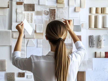 Woman in white shirt arranges fabric swatches on a wall. Textures and neutral colors dominate. Shelves hold more materials. Creative focus.
