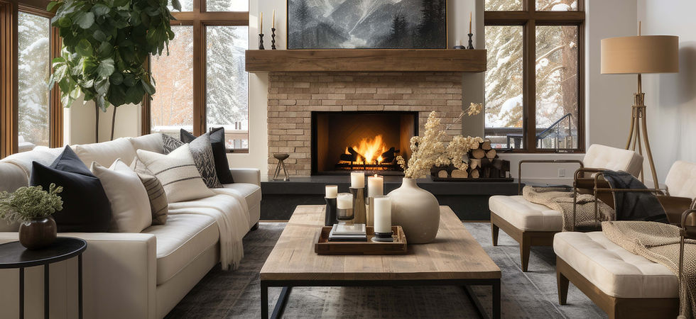 Sensory-friendly living room design with layered lighting, soft textures, and fireplace creating a calm and supportive home environment