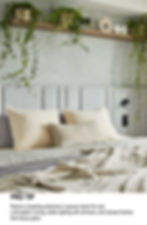 Bed with beige pillows and a textured blanket in a serene room. Plants hang from a shelf on a gray wall. Text reads: "PRO TIP
Reduce competing elements in spaces meant for rest.
Limit pattern mixing, soften lighting with dimmers, and choose finishes that reduce glare."