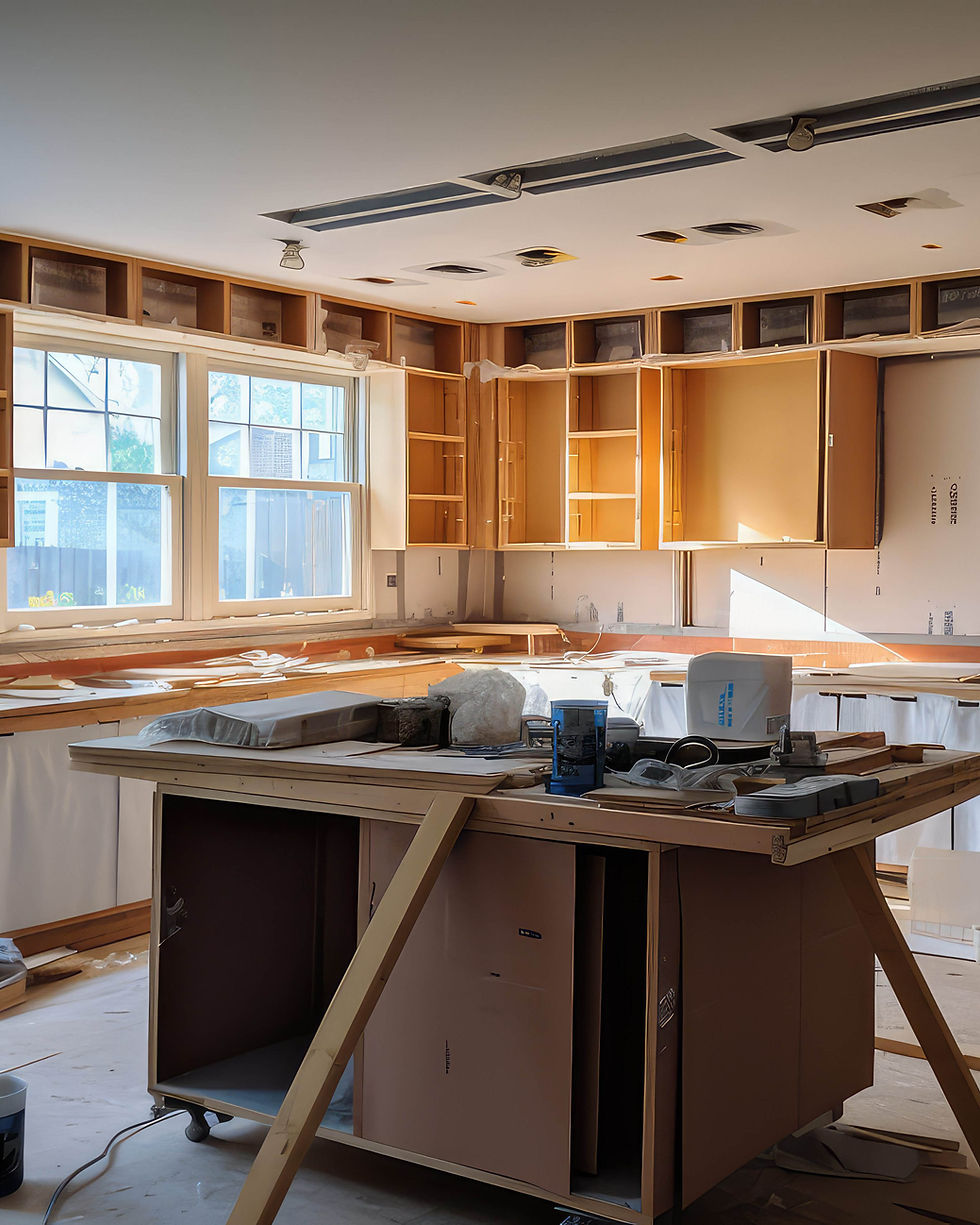 Under-construction kitchen with open cabinets and tools on a central island. Sunlight streams through windows, casting shadows.