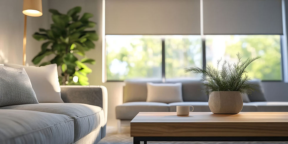 A modern living room with soft natural light, roller blinds on large windows, a neutral sofa, a wooden coffee table with a plant and mug, and minimal decor creating a calm, inviting space.