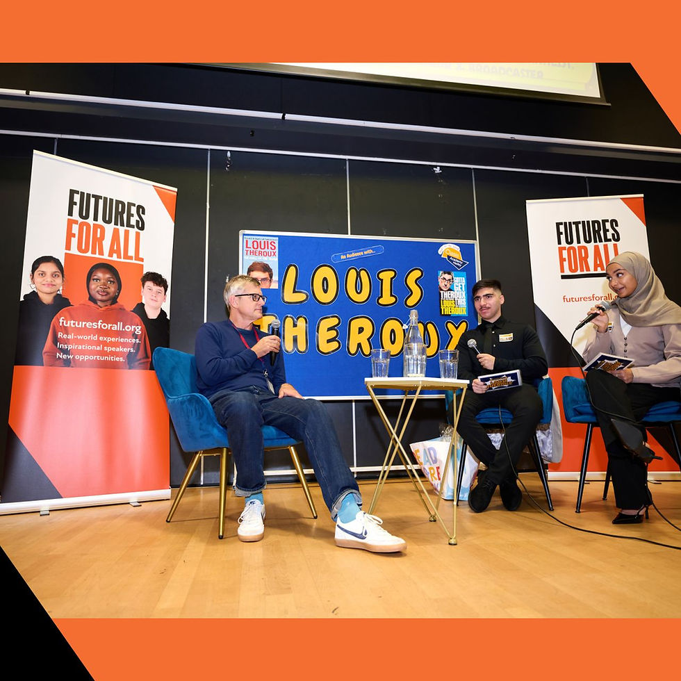 speaker being interviewed by two students