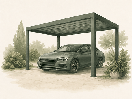 Ilustracja wiaty samochodowej z autem, przykład konstrukcji typu carport do montażu w ogrodzie lub na podjeździe