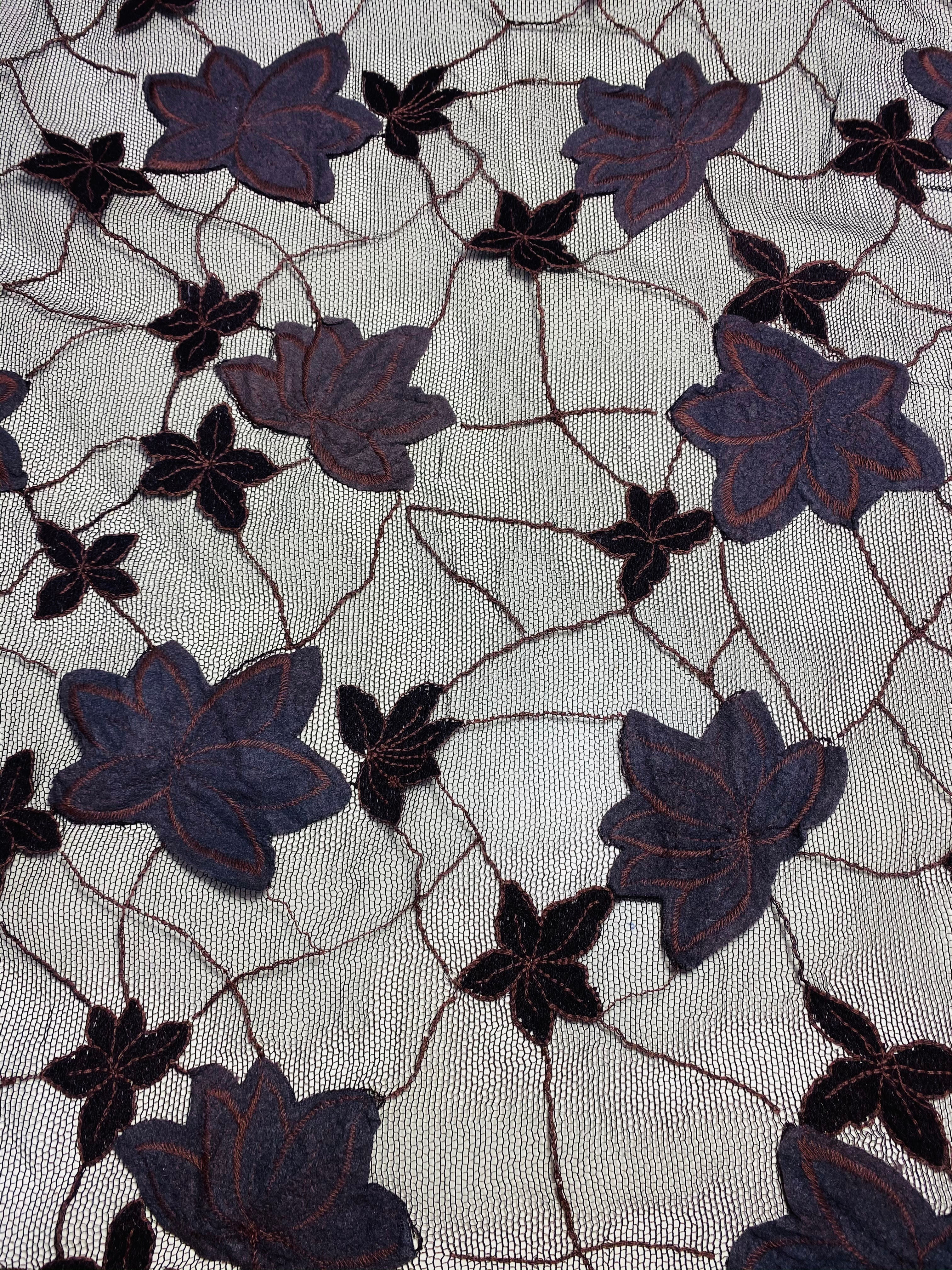 Applique Maple Leaves, Chocolate Brown Background Rayon Nylon Tulle