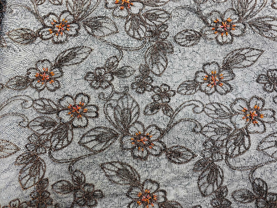 Fine Black Sheer Tulle Embroidered Metallic Gold/Bronze Floral Leaf