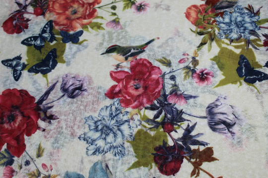 Thumbnail: Realistic Floral, Bird & Butterfly Printed Woven Cotton Elastane Stretch Fabric