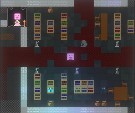 A screenshot from Glyphscape. A Conjurer hero stands in a dark library.