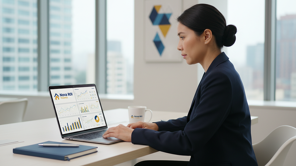 Eye-level view of a small business owner reviewing financial charts on a laptop