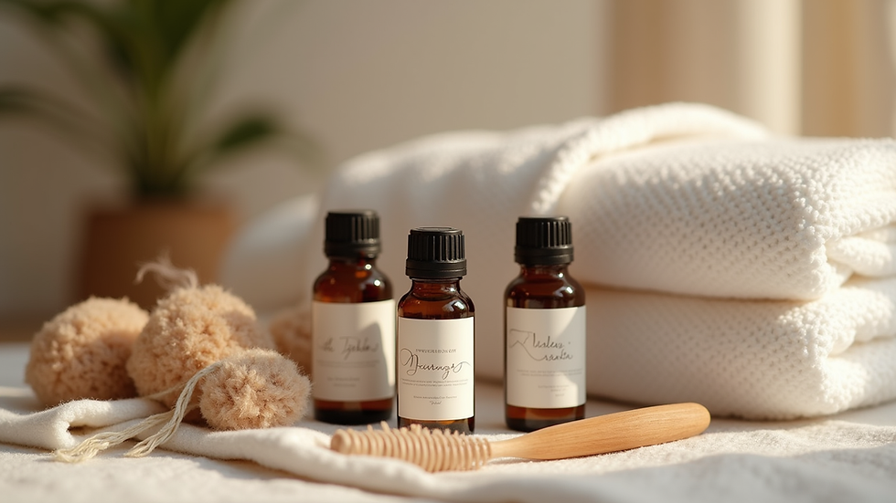 Close-up view of a birth kit with essential oils and massage tools